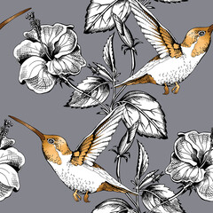 Seamless pattern. Exotic Hibiscus flowers and gold hummingbirds. Textile composition, hand drawn style print. Vector illustration.