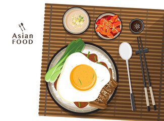 Donburi pork rice bowl with egg, lettuce toping, asian food