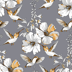 Seamless pattern. Exotic Tropical Hibiscus flowers and hummingbirds. Gold and silver composition on a gray background. Textile composition, hand drawn style print. Vector illustration.