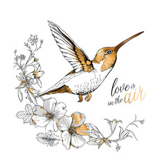 Exotic Tropical Hibiscus flowers and hummingbird. Gold and silver composition. Love is in the air - lettering quote. Card design, hand drawn style t-shirt print. Vector illustration.
