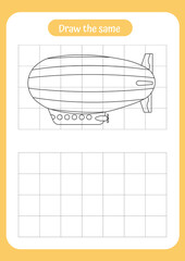 Copy the picture of zeppelin - use the grid and example. Educational game for children. Handwriting and drawing practice. Travel theme activity for toddlers, kids.