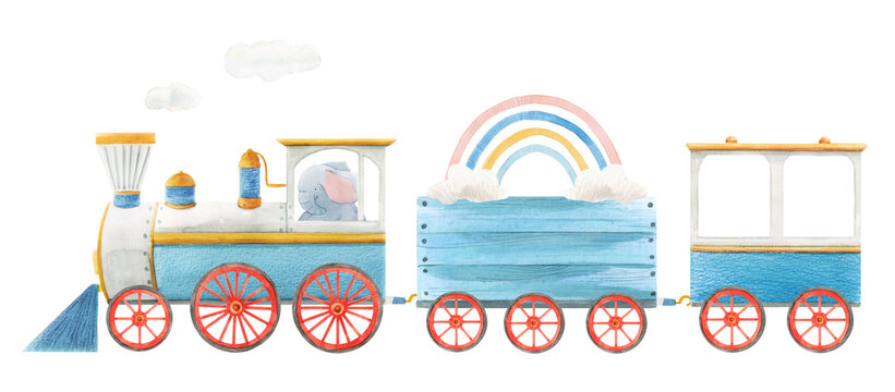 Beautiful baby stock illustration with cute watercolor train.