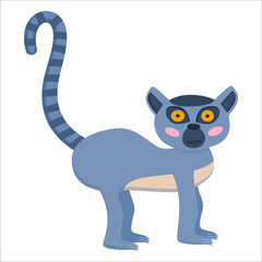 An animal lemur with large eyes stands with a striped tail up isolated on a white background. An animal from Madagascar. Vector illustration for children