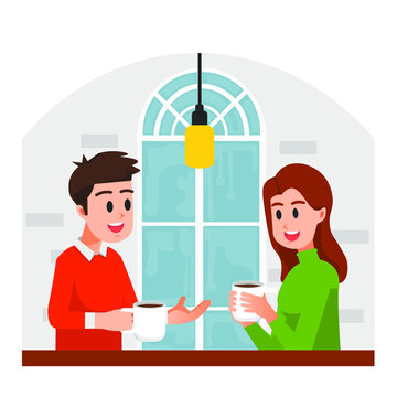 Man And Woman Chatting Casually And Holding Coffee Mugs