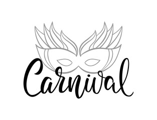Handwritten lettering of Carnival with hand drawn masquerade mask.