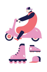 man on a scooter - a set of flat vector illustrations, a man in a sausage suit, roller skates, a cap and football boots