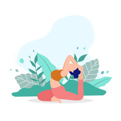 Obraz na płótnie Canvas Young woman sitting in yoga posture and meditating. Girl performing aerobics exercise and morning meditation at garden. Physical and spiritual practice. Vector illustration in flat cartoon style.