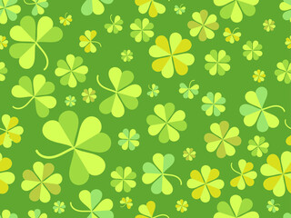 Seamless pattern with clover for Saint Patrick's Day. Green shades of four-leafed and three-leafed clover. Background for advertising products, postcards and printing. Vector illustration