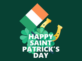 Happy Saint Patrick's Day. Gold horseshoe and Irish flag with clover. Background for advertising products, postcards and printing. Vector illustration