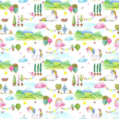 unicorn and fairy tale kingdom watercolor seamless pattern