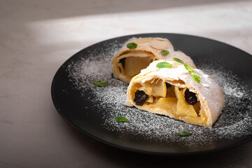 Close up of apple austrian strudel with cinnamon on a plate