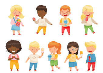 Cute Boy and Girl Drinking Soda and Eating Sweets and Sugary Treats Vector Set