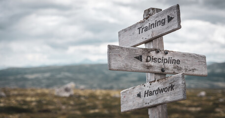 training discipline hardwork text engraved on wooden signpost outdoors in nature. Panorama format. - obrazy, fototapety, plakaty