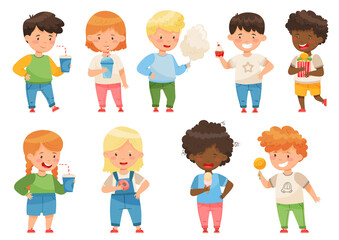 Cute Boy and Girl Drinking Soda and Eating Sweets and Sugary Treats Vector Set