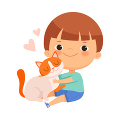 Obraz na płótnie Canvas Little Boy Hugging and Cuddling with His Pet Cat Vector Illustration