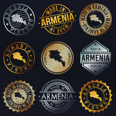 Armenia Map Metal Stamps. Gold Made In Product Seal. National Logo Icon. Symbol Design Insignia Country.