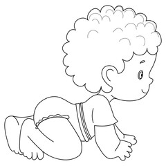 Pretty Crawling Baby Kid Isolated. Socialization, Infancy. Diapers. Black and white vector illustration for coloring book. crawl, clip art, icon.