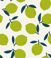 Seamless pattern of green lime background elements isolated on beige. Concept of healthy eating. Suitable for wallpaper, fabric, print design.