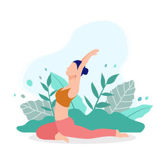Young woman sitting in yoga posture ,crown of  the head. Girl performing aerobics exercise and morning meditation at garden. Physical and spiritual practice. Vector illustration in flat cartoon style.