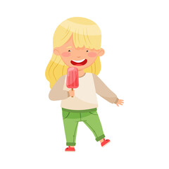 Funny Girl Character Holding Popsickle or Fruit Ice Vector Illustration