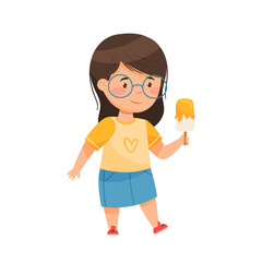Funny Girl Character Holding Popsickle or Fruit Ice Vector Illustration