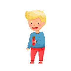 Blond Boy Holding Bar of Chocolate Vector Illustration