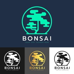 bonsai logo with creative minimal bonsai tree in circle border frame vector design