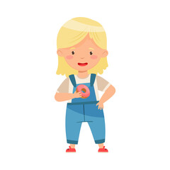 Cute Girl Holding Doughnut with Sugar Glaze Vector Illustration