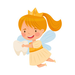 Cute Little Tooth Fairy Flying with First Baby Tooth Vector Illustration