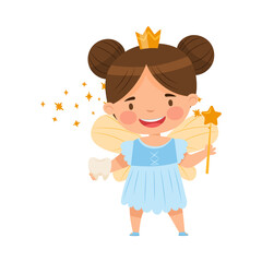 Cute Little Tooth Fairy with First Baby Tooth and Wand Vector Illustration