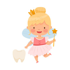 Little Winged Tooth Fairy and First Baby Tooth Vector Illustration