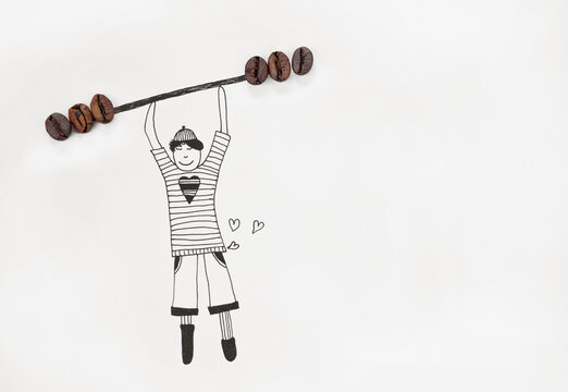 An illustration of a boy lifting weights from real coffee beans