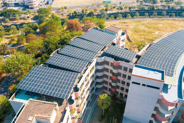 Aerial view of Solar panels on rooftop