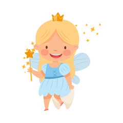 Little Tooth Fairy with Milk Baby Tooth and Wand Vector Illustration