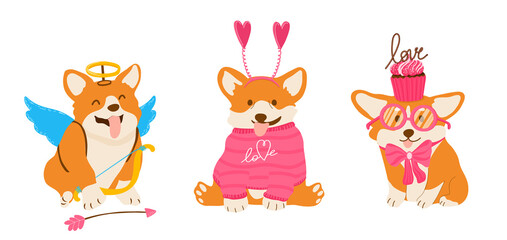 Funny vector corgis for Valentine Day. Amour dog with wings and arrows. Pets in pink sweater and bow with cupcakes.