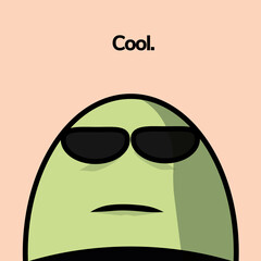 illustration of a face with a cool style. Green face with a pink background. Text saying COOL on top