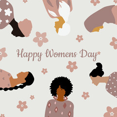 Happy Women's Day greeting card. Postcard template in pastel colors with women of different nationalities wishing a happy womens day. 