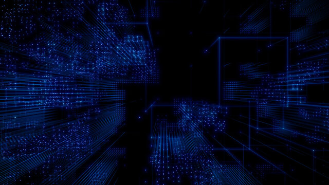 Futuristic, Blue Digital Grid background. Network Tech Wallpaper. 3D Render 