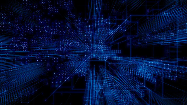Futuristic, Blue Digital Grid background. Network Tech Wallpaper. 3D Render 