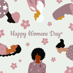 Happy Women's Day greeting card. Postcard template in pastel colors with women of different nationalities wishing a happy womens day. Modern vector graphics.