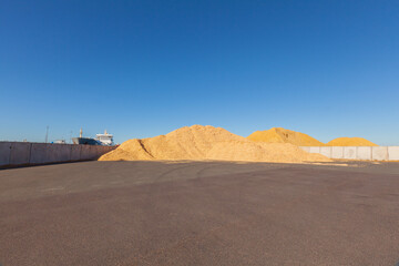 Wood chips storage in timber terminal. Sawdust.