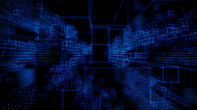Futuristic, Blue Digital Grid background. Network Tech Wallpaper. 3D Render 