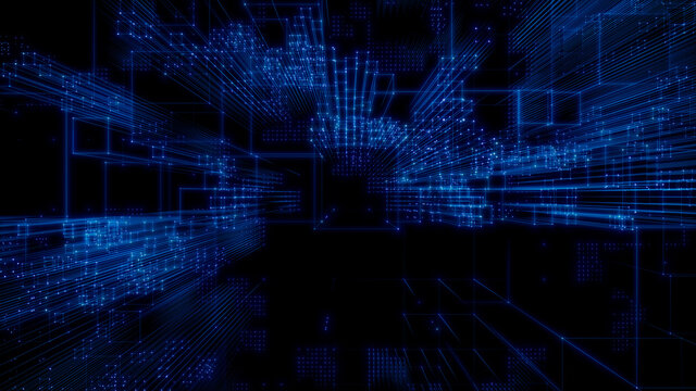 Futuristic, Blue Digital Grid background. Network Tech Wallpaper. 3D Render 