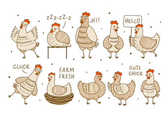 Set of cute chickens isolated on white - cartoon hens and roosters character for happy farm design © evgeniya_m