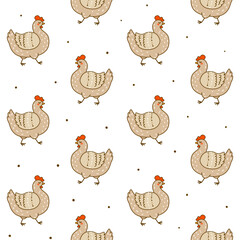 Seamless pattern with cute chickens isolated on white - cartoon hens characters for happy farm design