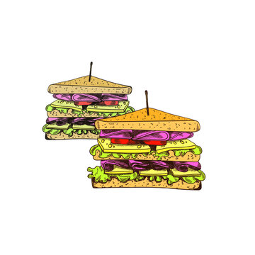 Vector Hand Drawn Sandwich, Colorful Illustration, Two Sandwiches Isolated on White Background, Menu Icon Template.
