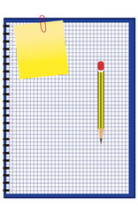 Checkered notebook with note, paper clip and pen