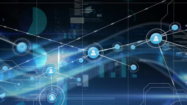 Animation of connected people icons with graphs moving over a grid
