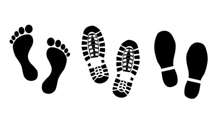 Foot print vector illustration set with shoes bare feet and boot print