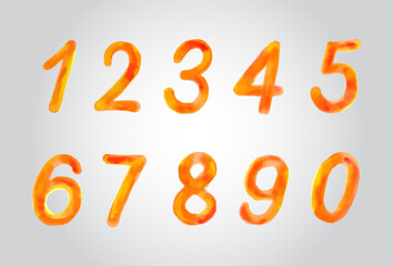 Hand drawn orange watercolor alphabet. Numbers 0-9.